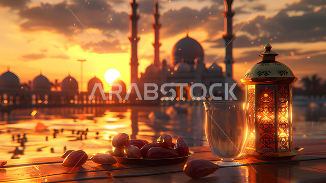 أعياد ومناسبات دينية، رمضانية روحانية، المساجد الاسلامية وقت غروب الشمس، لقدوم شهر الخير والبركة، فانوس معدني تقليدي مضيء مع طبق من حبات التمر الطازجة وكأس من الماء