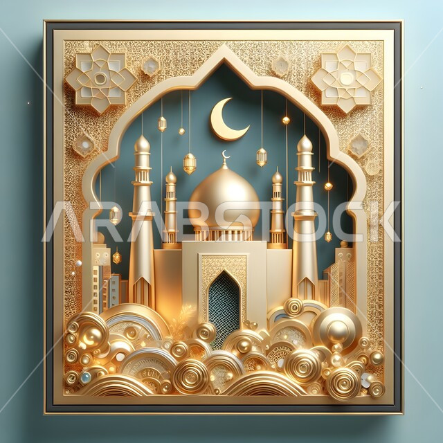 تصاميم ومجسمات ثلاثية الأبعاد لمسجد باللون الذهبي داخل إطار مربع، الفوانيس المعدنية المعلقة، الاستعداد لاستقبال الايام الفضيلة، تحف واكسسوارات وزينة شهر الخير، مفهوم الاحتفالات والمناسبات الإسلامية، الأجواء الرمضانية الروحانية، خلفيات رمضان 