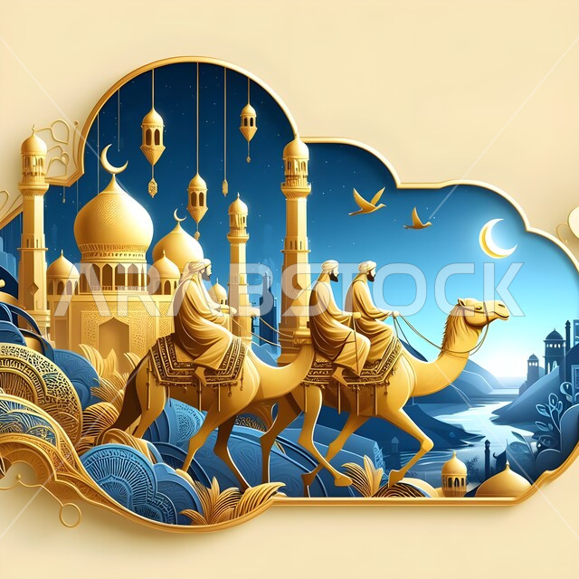 مفهوم الاحتفالات والمناسبات الدينية الإسلامية، تصاميم ومجسمات ثلاثية الأبعاد لرجال يركبون الجمال امام مسجد باللون الذهبي، الفوانيس المعدنية المعلقة، الاستعداد لاستقبال الايام الفضيلة، تحف واكسسوارات وزينة شهر الخير، الأجواء الرمضانية الروحانية