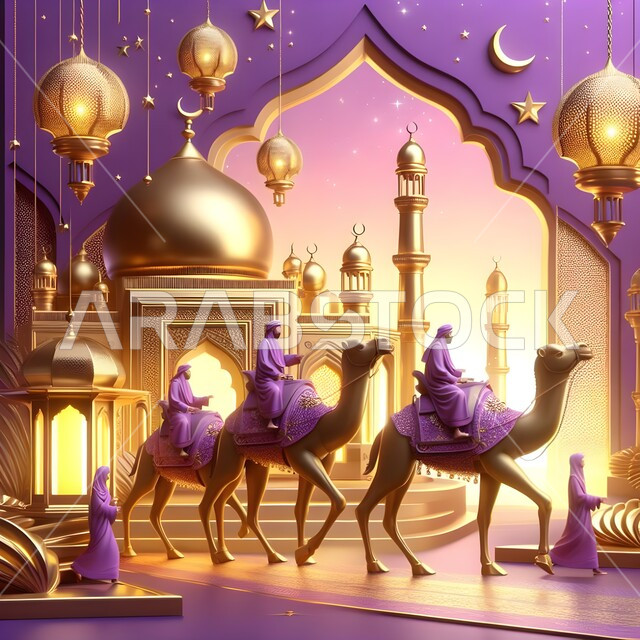 مفهوم الاحتفالات والمناسبات الدينية الإسلامية، تصاميم ومجسمات ثلاثية الأبعاد لرجال يركبون الجمال امام مسجد باللون الذهبي، الفوانيس المعدنية المعلقة، الاستعداد لاستقبال الايام الفضيلة، تحف واكسسوارات وزينة شهر الخير، الأجواء الرمضانية الروحانية