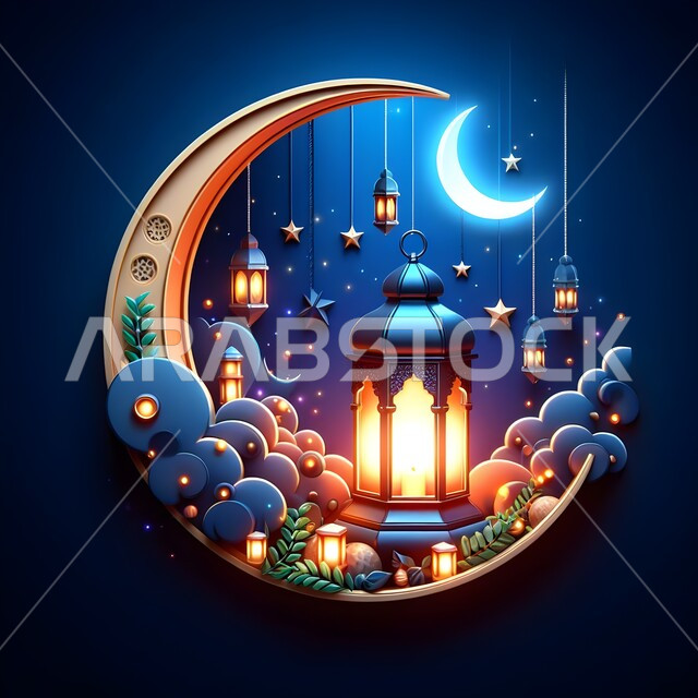 Luminous hanging lanterns and stars, preparing to welcome the holy days, three-dimensional designs and models of the decorated crescent of the blessed of Ramadan, antiques, accessories and decorations for the month of goodness, the concept of Islamic celebrations and events, the spiritual Ramadan atmosphere, a blue background