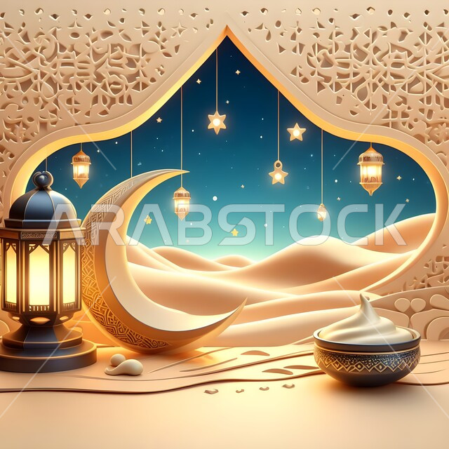 تحف واكسسوارات وزينة شهر الخير، الاستعداد لاستقبال الايام الفضيلة، تصاميم ومجسمات ثلاثية الأبعاد لفانوس مضيء في الصحراء وهلال رمضان المبارك، صحن مليء باللبن، مفهوم الاحتفالات والمناسبات الإسلامية، الأجواء الرمضانية الروحانية