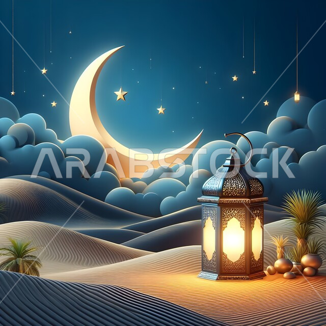 Preparing to receive the holy days, three-dimensional designs and models of a luminous lantern in the desert and the crescent of the blessed of Ramadan, antiques, accessories and decorations for the month of goodness, the concept of Islamic celebrations and events, the spiritual Ramadan atmosphere
