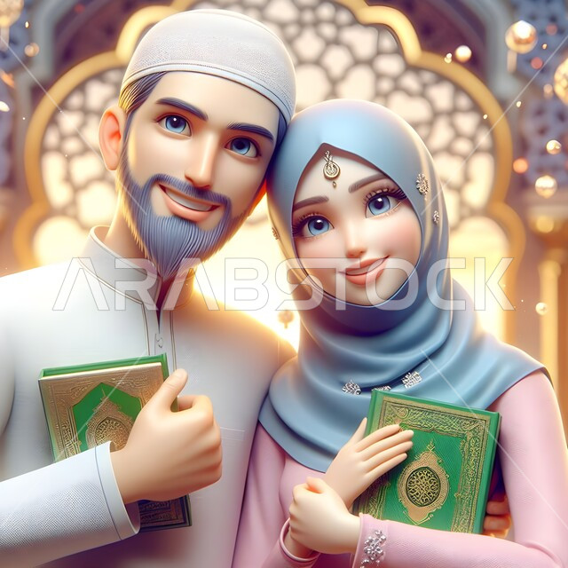 Islamic religious occasions and celebrations, a three-dimensional illustration of a Saudi Gulf Arab man and woman holding the Holy Qur’an looking at the camera with gestures of pleasure, joy at the arrival of the happy Eid al-Fitr, the concept of familiarity between spouses