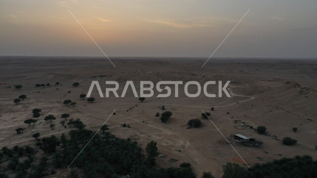  نمو النباتات البرية والأشجار في البراري والصحراء في المملكة العربية السعودية، طريق اسفلتي معبد بين الكثبان الرملية وسط الطبيعة الصحراوية، صورة جوية لقرية شعيب صلبوخ في مدينة الرياض