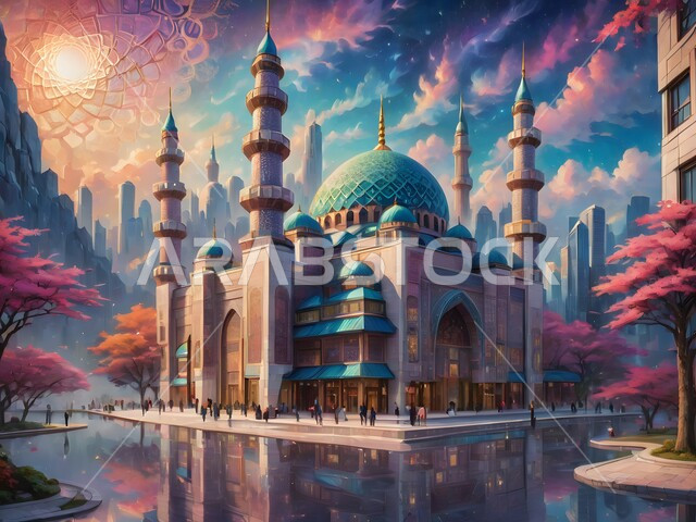 رسومات توضيحية ثلاثية الأبعاد لمسجد إسلامي، القبب والمآذن الملونة، الفن الهندسي المعماري على الطراز الحديث، آداء الفرائض والصلوات، العبادة والتقرب إلى الله تعالى، المناظر الطبيعية المتميزة