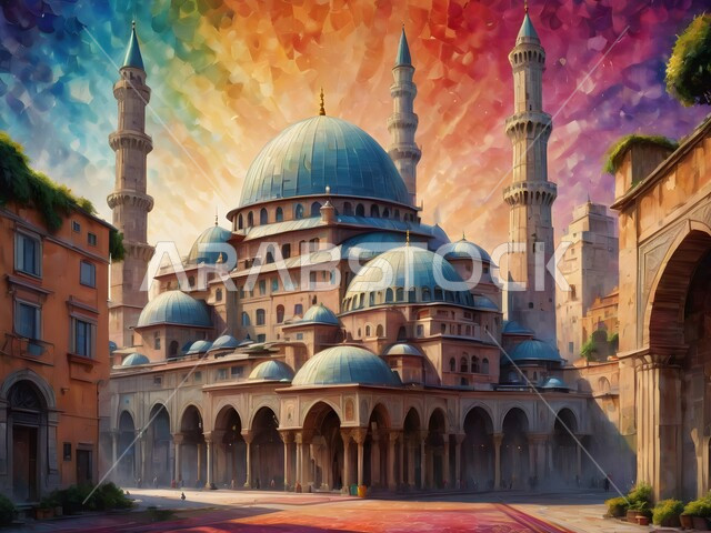 القبب والمآذن الملونة، رسومات توضيحية ثلاثية الأبعاد لمسجد إسلامي، الفن الهندسي المعماري على الطراز الحديث، آداء الفرائض والصلوات، العبادة والتقرب إلى الله تعالى، المناظر الطبيعية المتميزة