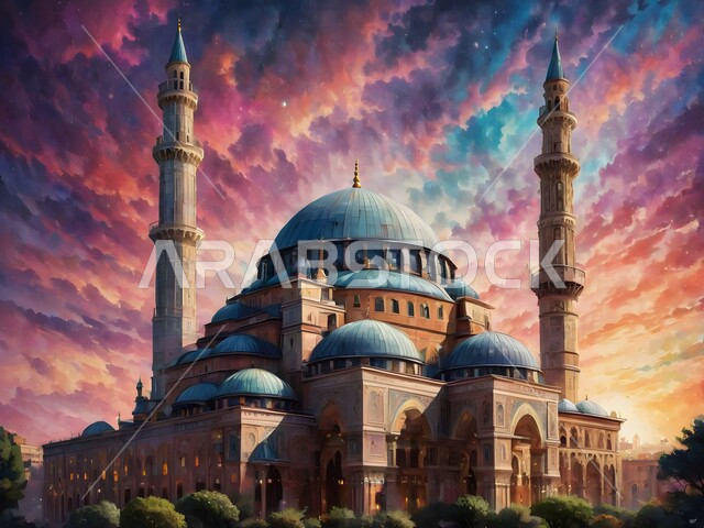 رسومات توضيحية ثلاثية الأبعاد لمسجد إسلامي، القبب والمآذن الملونة، الفن الهندسي المعماري على الطراز الحديث، آداء الفرائض والصلوات، العبادة والتقرب إلى الله تعالى، المناظر الطبيعية المتميزة
