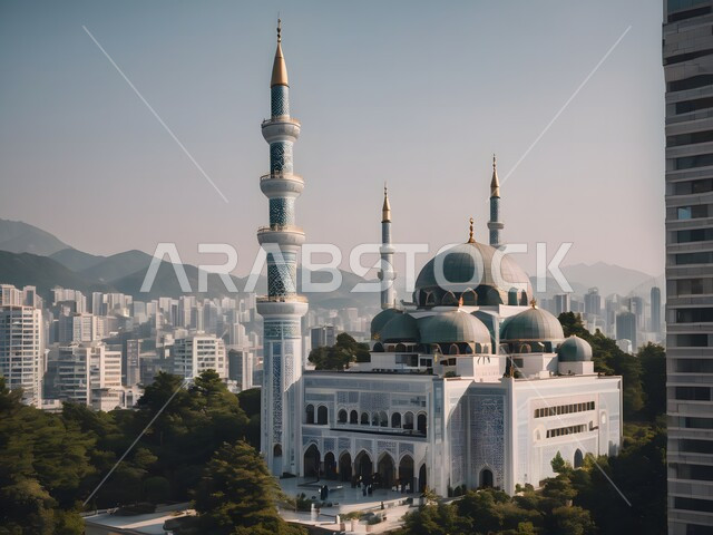 الاهتمام بالتشجير والزراعة, رسوم توضيحية لمسجد إسلامي في وسط المدينة، اداء الصلوات والفرائض، الفن الهندسي المعماري على الطراز الحديث، اماكن دينية مقدسة, العبادة والتقرب إلى الله، البيوت والمباني السكنية، خلفيات اسلامية مميزة