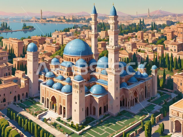 Interest in afforestation and agriculture, illustrations of an Islamic mosque in the city center, performing prayers and rituals, modern architectural art, sacred religious places, worship and getting closer to God, homes and residential buildings, distinctive Islamic backgrounds