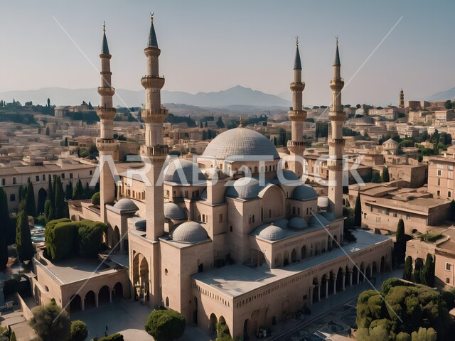 Illustrations of an Islamic mosque in the city center, performance of prayers and rituals, modern architectural art, sacred religious places, worship and closeness to God, homes and residential buildings, distinctive Islamic backgrounds