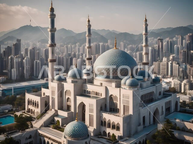 Illustrations of an Islamic mosque in the city center, performance of prayers and rituals, modern architectural art, sacred religious places, worship and closeness to God, homes and residential buildings, distinctive Islamic backgrounds