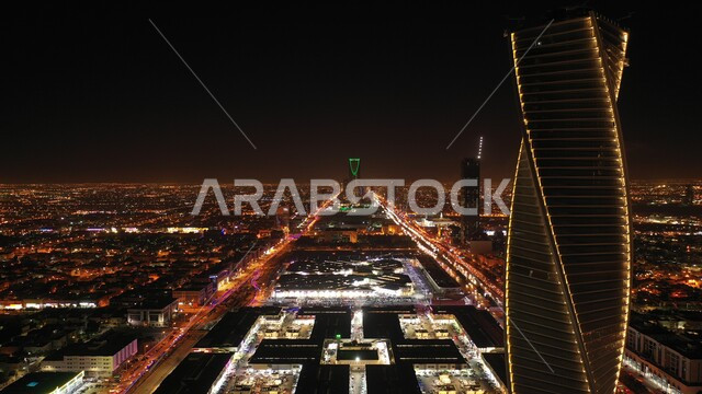 الأبراج وناطحات السحاب المضاءة في الليل، الفن الهندسي المعماري للمعالم والأماكن السياحية المشهورة في مدينة الرياض, برج المجدول في المملكة العربية السعودية، مفهوم النمو والتطور العمراني للمنشآت والمباني السكنية والتجارية