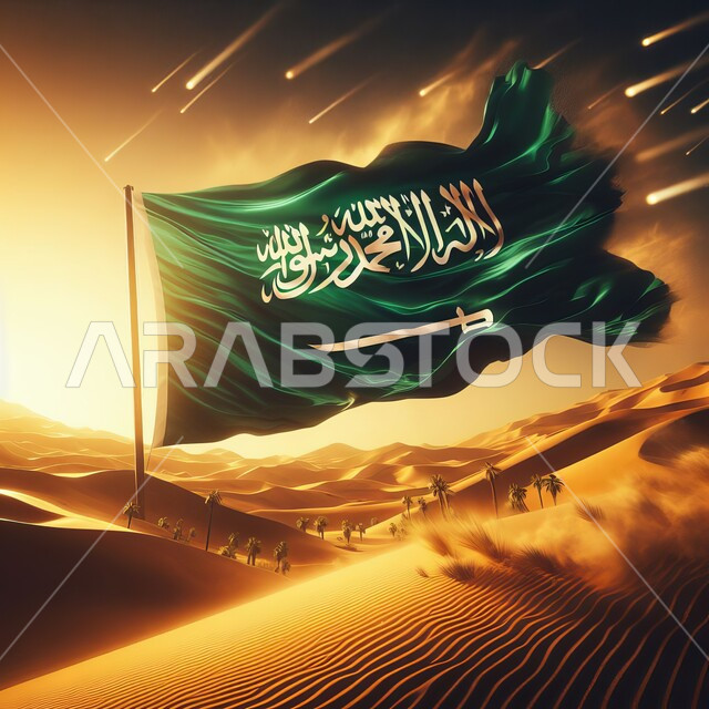  التلال و الهضاب الرملية الناعمة في المناطق الصحراوية, علم المملكة مغروس في الرمال الذهبية يرفرف عاليا في سماء السعودية وقت غروب الشمس, اظهار الفخر والاعتزاز بالانتماء للوطن, الاحتفال باليوم الوطني السعودي 23 سبتمبر, مناسبات و احتفالات وطنية, يوم العلم 11 مارس