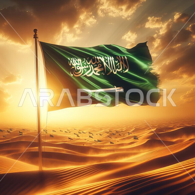 علم المملكة مغروس في الرمال الذهبية يرفرف عاليا في سماء السعودية وقت غروب الشمس, اظهار الفخر والاعتزاز بالانتماء للوطن, الاحتفال باليوم الوطني السعودي 23 سبتمبر, الهضاب و التلال الرملية الناعمة في المناطق الصحراوية, مناسبات و احتفالات وطنية, يوم العلم 11 مارس