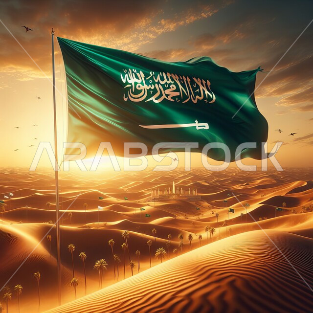الهضاب و التلال الرملية الناعمة في المناطق الصحراوية ,علم المملكة مغروس في الرمال الذهبية يرفرف عاليا في سماء السعودية, مناسبات و احتفالات وطنية, يوم العلم 11 مارس, الاحتفال باليوم الوطني السعودي 23 سبتمبر, اظهار الحب و الفخر والاعتزاز بالانتماء للوطن