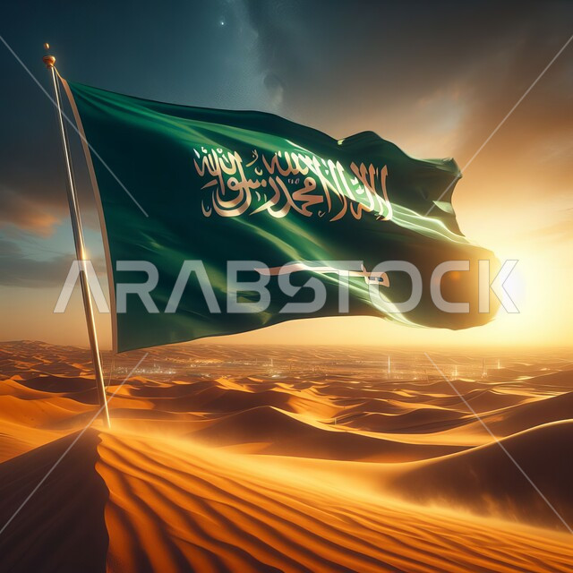 الاحتفال باليوم الوطني السعودي 23 سبتمبر, الهضاب و التلال الرملية الناعمة في المناطق الصحراوية ,علم المملكة مغروس في الرمال الذهبية يرفرف عاليا في سماء السعودية وقت غروب الشمس, مناسبات و احتفالات وطنية, يوم العلم 11 مارس, اظهار الفخر والاعتزاز بالانتماء للوطن