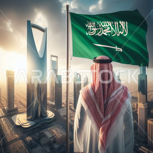 علم المملكة يرفرف عاليا في سماء السعودية, مناسبات و احتفالات وطنية ,صورة مقربة من الخلف لرجل عربي خليجي سعودي يرتدي البشت والعقال ينظر الى المعالم السياحية المشهورة في مدينة الرياض, يوم العلم 11 مارس, الاحتفال باليوم الوطني السعودي 23 سبتمبر