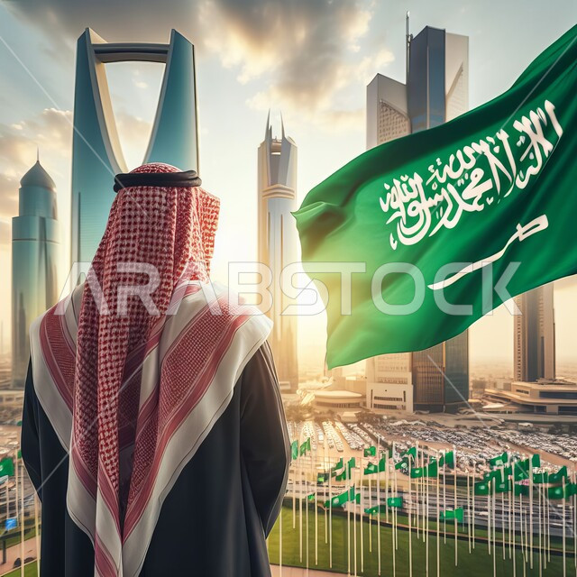 مناسبات و احتفالات وطنية ,صورة مقربة من الخلف لرجل عربي خليجي سعودي يرتدي البشت والعقال ينظر الى المعالم السياحية المشهورة في مدينة الرياض, علم المملكة يرفرف عاليا في سماء السعودية, يوم العلم 11 مارس, الاحتفال باليوم الوطني السعودي 23 سبتمبر