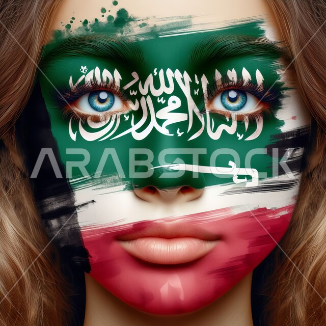 احياء ذكرى اليوم الوطني السعودي 23 سبتمبر، رسم شعار وعلم السعودية بالألوان المائية على الوجه، الاحتفال بيوم العلم 11 مارس، صورة مقربة لوجه امراة عربية خليجية سعودية تنظر الى الكاميرا بايماءات الولاء والحب للبلاد, الأعياد والمناسبات الشعبية الوطنية