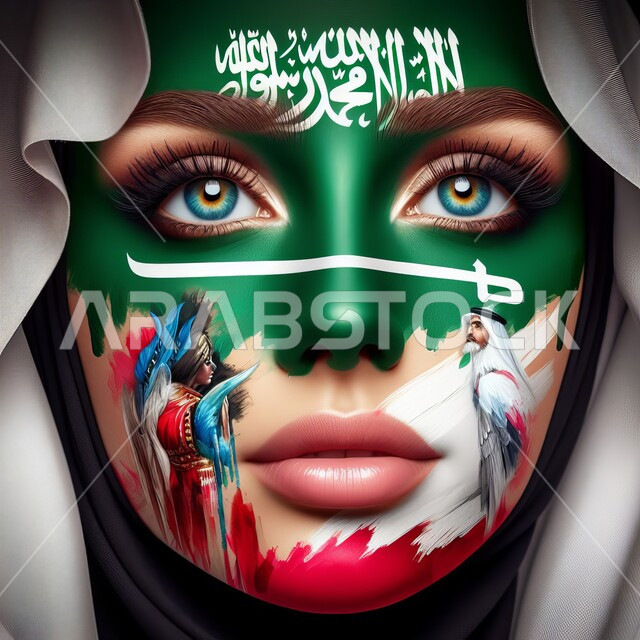 الأعياد والمناسبات الشعبية الوطنية ,احياء ذكرى اليوم الوطني السعودي 23 سبتمبر، رسم شعار وعلم السعودية بالألوان المائية على الوجه، الاحتفال بيوم العلم 11 مارس، صورة مقربة لوجه امراة عربية خليجية سعودية تنظر الى شيء ما بايماءات الولاء والحب للبلاد