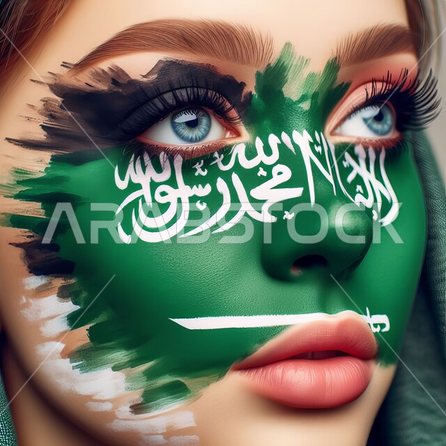 الأعياد والمناسبات الشعبية الوطنية ,احياء ذكرى اليوم الوطني السعودي 23 سبتمبر، رسم شعار وعلم السعودية بالألوان المائية على الوجه، الاحتفال بيوم العلم 11 مارس، صورة مقربة لوجه امراة عربية خليجية سعودية تنظر الى شيء ما بايماءات الولاء والحب للبلاد