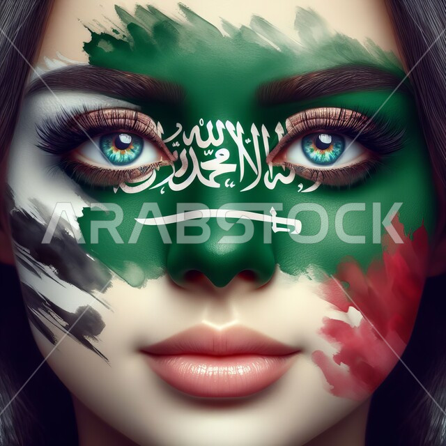 احياء ذكرى اليوم الوطني السعودي 23 سبتمبر، رسم شعار وعلم السعودية بالألوان المائية على الوجه، الاحتفال بيوم العلم 11 مارس، صورة مقربة لوجه امراة عربية خليجية سعودية تنظر الى الكاميرا بايماءات الولاء والحب للبلاد, الأعياد والمناسبات الشعبية الوطنية