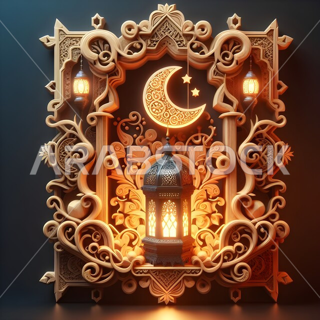 تصميم مجسم خشبي ثلاثي الأبعاد لفوانيس مضيئة باللون البني، الاستعداد لاستقبال الايام الفضيلة، تحف واكسسوارات وزينة شهر الخير، مفهوم الاحتفالات والمناسبات الإسلامية، الأجواء الرمضانية الروحانية، خلفيات رمضان 