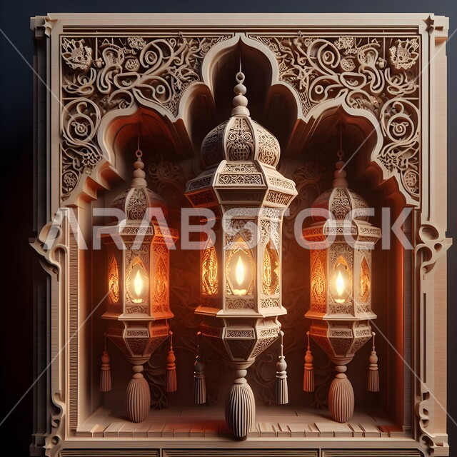 تصميم مجسم خشبي ثلاثي الأبعاد لفوانيس مضيئة باللون البني، الاستعداد لاستقبال الايام الفضيلة، تحف واكسسوارات وزينة شهر الخير، مفهوم الاحتفالات والمناسبات الإسلامية، الأجواء الرمضانية الروحانية، خلفيات رمضان 
