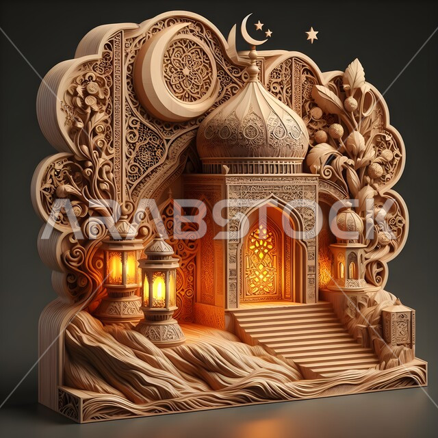 تصميم مجسم خشبي ثلاثي الأبعاد لمسجد باللون البني، الاستعداد لاستقبال الايام الفضيلة، تحف واكسسوارات وزينة شهر الخير، مفهوم الاحتفالات والمناسبات الإسلامية، الأجواء الرمضانية الروحانية، خلفيات رمضان 