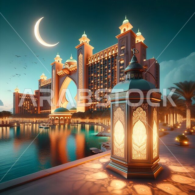 الاستعداد لاستقبال الايام الفضيلة في مدينة دبي، تصاميم ومجسمات ثلاثية الأبعاد لفانوس مضيء وهلال رمضان المبارك، تحف واكسسوارات وزينة شهر الخير، مفهوم الاحتفالات والمناسبات الإسلامية، الأجواء الرمضانية الروحانية
