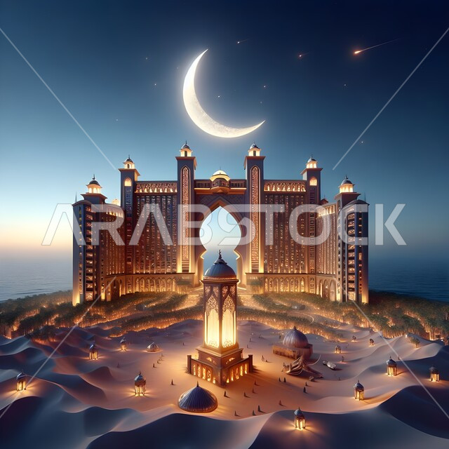 Preparing to welcome the holy days in the city of Dubai, three-dimensional designs and models of a luminous lantern in the desert and the holy Ramadan crescent, antiques, accessories and decorations for the month of goodness, the concept of Islamic celebrations and events, the spiritual Ramadan atmosphere.