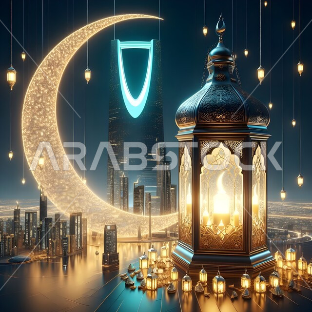 A large traditional illuminated metal lantern, the background of the Ramadan crescent in the city of Riyadh, preparation for the coming of the month of goodness and blessings, a spiritual Ramadan atmosphere, religious holidays and events, the famous towers and skyscrapers in the Kingdom of Saudi Arabia