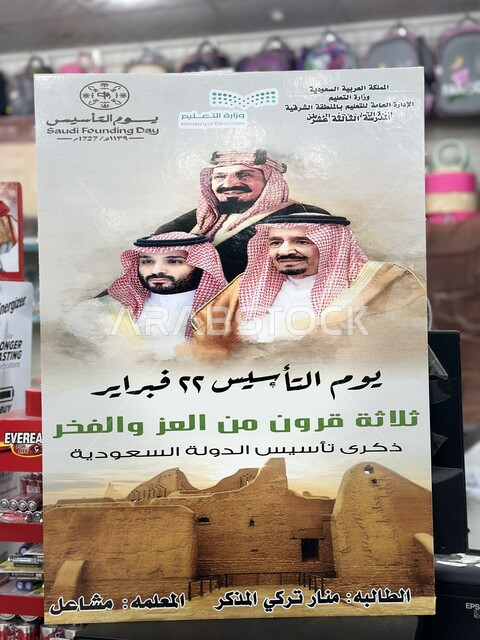 An advertising billboard in one of the popular shops, a sign commemorating the founding day of the first Saudi state, February 22, the day of our religion 1727 AD