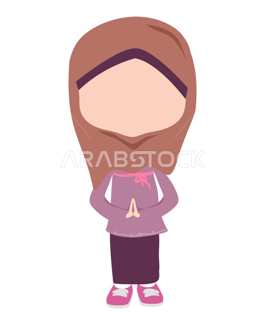 الاستئذان وطلب شيء ما، حركة يد تدل على الشكر والتقدير والاحترام، رسوم توضيحية ثلاثية الأبعاد لفتاة عربية خليجية سعودية ترتدي الحجاب تقف باستقامة بتعابير الحمد والامتنان، صورة الجسم بالطول الكامل، خلفية بيضاء