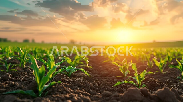 صورة مقربة لشتلات صغيرة من الذرة الخضراء وقت غروب الشمس، الحقول والأراضي الزراعية في المملكة العربية السعودية، مزروعات ومحاصيل محلية وطنية، خلفية طبيعة