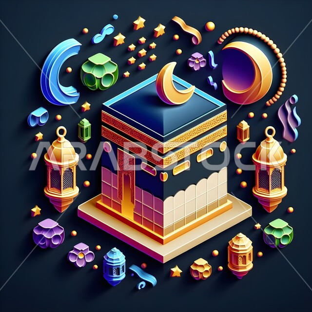 أجواء روحانية رمضانية، تصميمات توضيحية ثلاثية الأبعاد لمجسم الكعبة المشرفة على قاعدة مربعة، ايقونات وديكورات إسلامية، الهلال والفوانيس والنجوم، خلفية سوداء