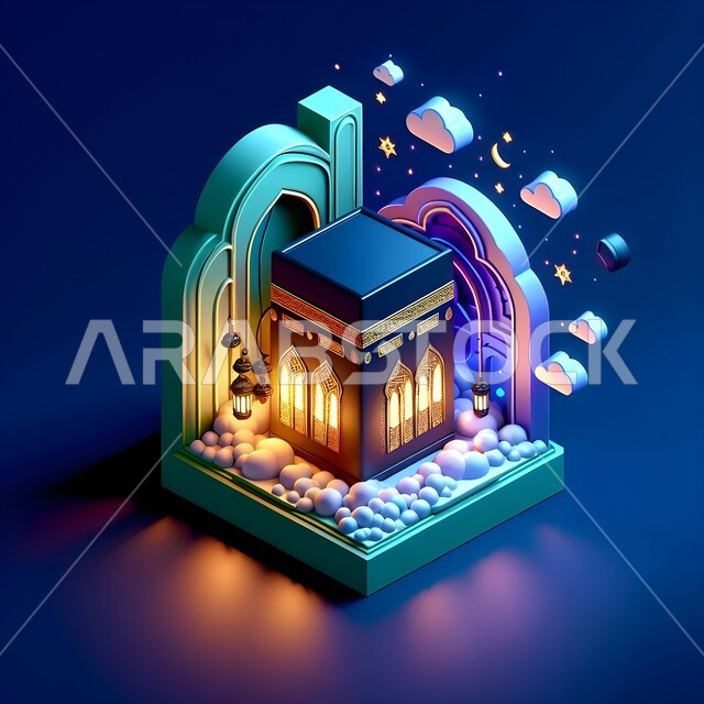 تصاميم توضيحية ثلاثية الأبعاد لجدران مسجد ومجسم الكعبة المشرفة المضيء على قاعدة مربعة، ايقونات وديكورات إسلامية، الفوانيس المعلقة والنجوم والغيوم، هلال شهر رمضان المبارك، أنوار وأجواء روحانية رمضانية، خلفية زرقاء