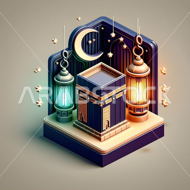 تصميمات توضيحية ثلاثية الأبعاد لمجسم الكعبة المشرفة على قاعدة مربعة، ايقونات وديكورات إسلامية، الفوانيس المضيئة المعلقة والنجوم، هلال شهر رمضان المبارك، أنوار وأجواء روحانية رمضانية، خلفية بنية