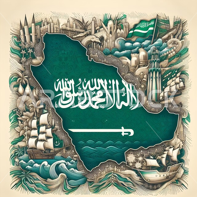 إحياء ذكرى يوم العلم ١١ مارس، راية لا إله إلا الله محمد رسول الله على خارطة المملكة العربية السعودية باللون الأخصر، الاحتفال بذكرى العيد الوطني ٢٣ سبتمبر،  المناسبات والأعياد الوطنية، مفهوم حب الوطن والانتماء إليه