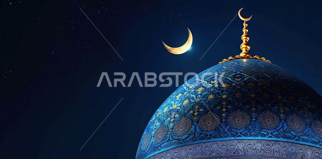 تصاميم توضيحية ثلاثية الابعاد للمآذن والقبب المزخرفه، الديكورات والتصاميم الهندسية المميزة في رمضان المبارك، العبادة والتقرب إلى الله تعالى، قدوم شهر الخير، زينة الاعياد والمناسبات الدينية، خلفية زخارف اسلامية ثري دي, خلفية زرقاء