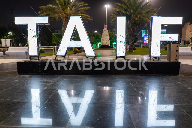 انعكاس ظل مجسم كلمة الطائف باللغه الانجليزية المضاء ليلا في إحدى منتزهات السعودية, أبرز المعالم السياحة المشهورة, الحدائق الترفيهية العامة في مدينة الطائف ,الاستمتاع في قضاء أوقات الفراغ مع العائلة بالعطلة الصيفية, الاهتمام في زراعة اشجار النخيل و النباتات الخضراء