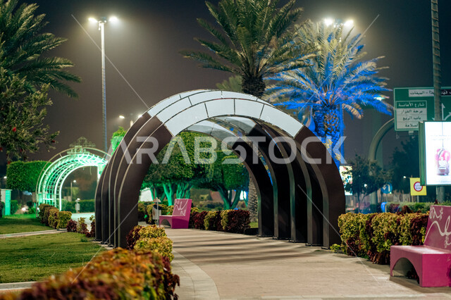 ممر مشاه داخل الحدائق الترفيهية العامة المضيئة ليلا في مدينة الطائف ,قضاء أوقات ممتعه مع العائلة في منتزهات المملكة العربية السعودية, مناطق وأماكن سياحية مشهورة, الاهتمام في زراعة النباتات الخضراء واشجار النخيل