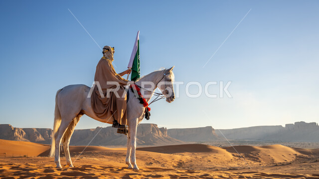 رفع علم وشعار التأسيس في الصحراء، مشاركة الجياد في المناسبات والأعياد الوطنية، الاحتفال مع الأحصنة بيوم بدينا  1727 م، ذكرى تأسيس الدولة السعودية الأولى 22 فبراير، رجل عربي خليجي سعودي يرتدي البشت والغترة مع العقال الذهبي يمتطي خيل أبيض أصيل وسط الرمال الذهبية