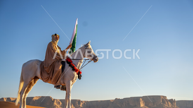 يوم بدينا 1727 م، ذكرى تأسيس الدولة السعودية الأولى 22 فبراير، رجل عربي خليجي سعودي يرتدي البشت والغترة يمتطي خيل أبيض أصيل وسط الرمال الذهبية، رفع علم التأسيس في الصحراء، توارث حب الجياد بين أبناء الوطن، الاحتفال مع الأحصنة في المناسبات والأعياد الوطنية