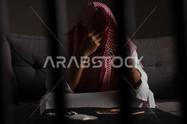 العادات السلوكية الضارة وتعاطي المواد السامة، المعاناة من الاضطرابات النفسية والمشاكل الصحية، صورة مقربة لرجل عربي خليجي سعودي يرتدي الشماغ والثوب التقليدي يجلس على الاريكة يقوم بأخذ جرعة مخدرة، حقن المخدرات في الأوردة، الآثار السلبية للادمان والتعاطي