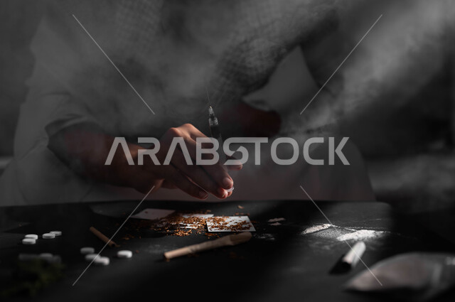 المعاناة من الاضطرابات النفسية والمشاكل الصحية، حقن المخدرات في الأوردة، الآثار السلبية للادمان، القيام بعادات سلوكية ضارة وتعاطي المواد السامة، صورة مقربة لرجل عربي خليجي سعودي يرتدي الشماغ والثوب التقليدي يجلس على الاريكة يقوم بأخذ ابرة مخدرة