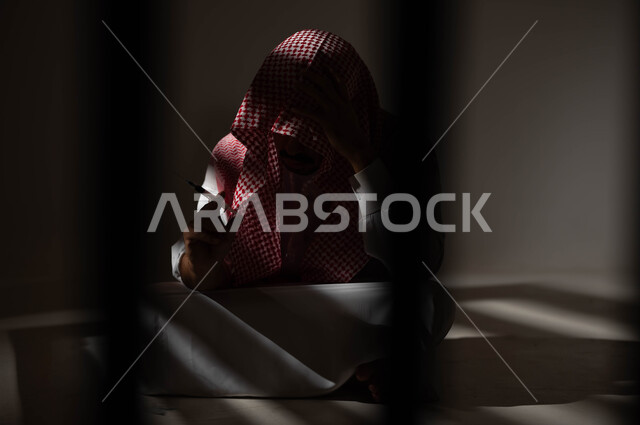 المعاناة من الاضطرابات النفسية والمشاكل الصحية، بورتريه لرجل عربي خليجي سعودي يرتدي الشماغ والثوب التقليدي يجلس على الارض يقوم بأخذ جرعة مخدرة، الآثار السلبية للادمان والتعاطي، حقن المخدرات في الأوردة، القيام بعادات سلوكية ضارة وتعاطي المواد السامة، خلفية سوداء