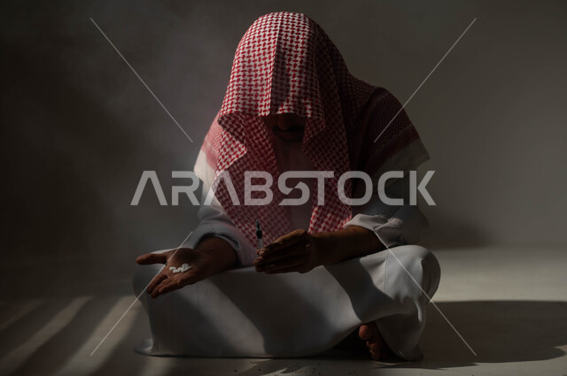 الأثار السلبية للادمان على التبغ والمخدرات، عادات سلوكية ضارة وتعاطي مواد سامة، المعاناة من الاضطرابات النفسية والمشاكل الصحية، بورتريه لرجل عربي خليجي سعودي يرتدي الشماغ والثوب التقليدي يجلس على الأرض يمسك بيديه الحقن والاقراص المخدرة، خلفية سوداء