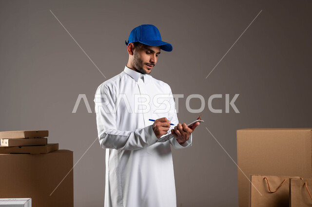 عملية شحن وتوصيل موثوقه, بورتريه لرجل عربي سعودي خليجي يرتدي الزي التقليدي وقبعة زرقاء يقوم بالتوقيع على وصول الطلبيه، صناديق كرتون و أكياس ورقية، جودة شركات الشحن في المملكة, خلفيه رماديه